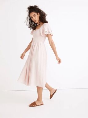 Madewell Pale Pink Eyelet-Sleeve Midi Dress